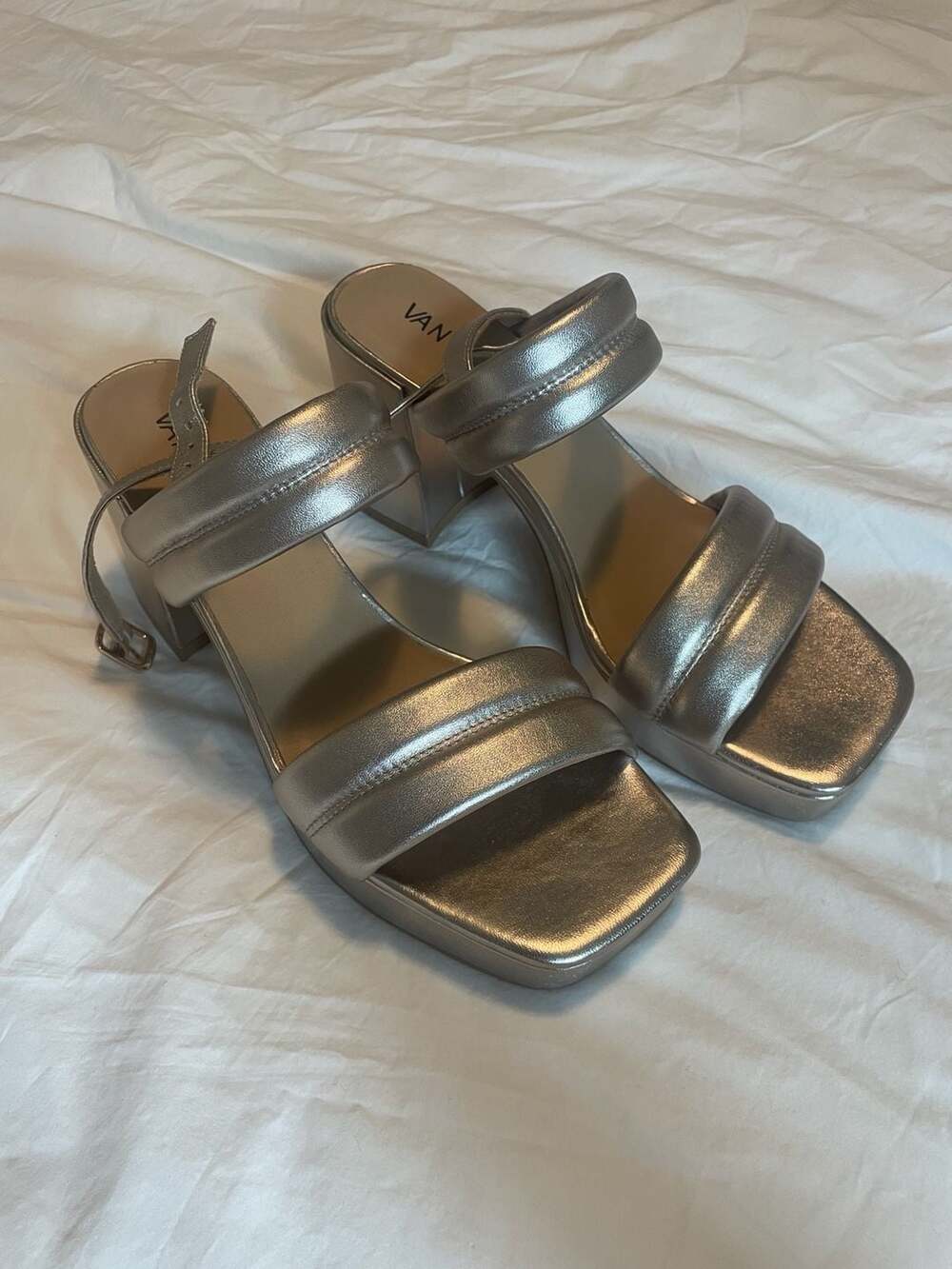 Vaneli Silver Metallic Puffed Strap Heeled Platform Sandal